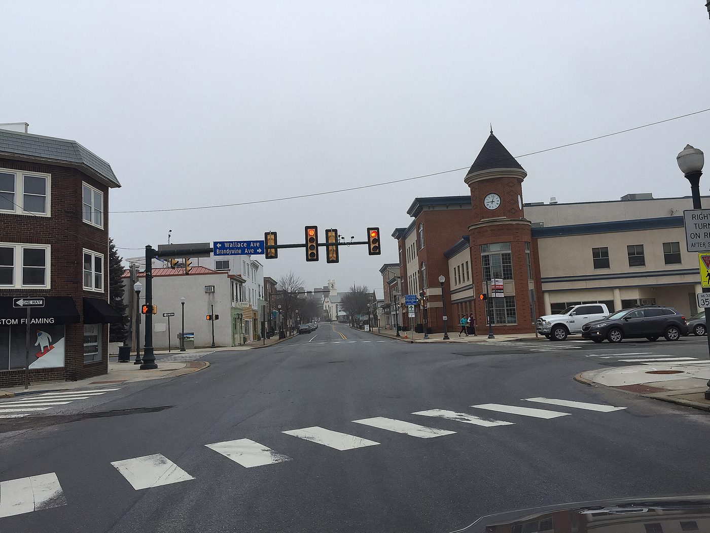 The main crossroads in Downingtown, with the clock tower on the corner.